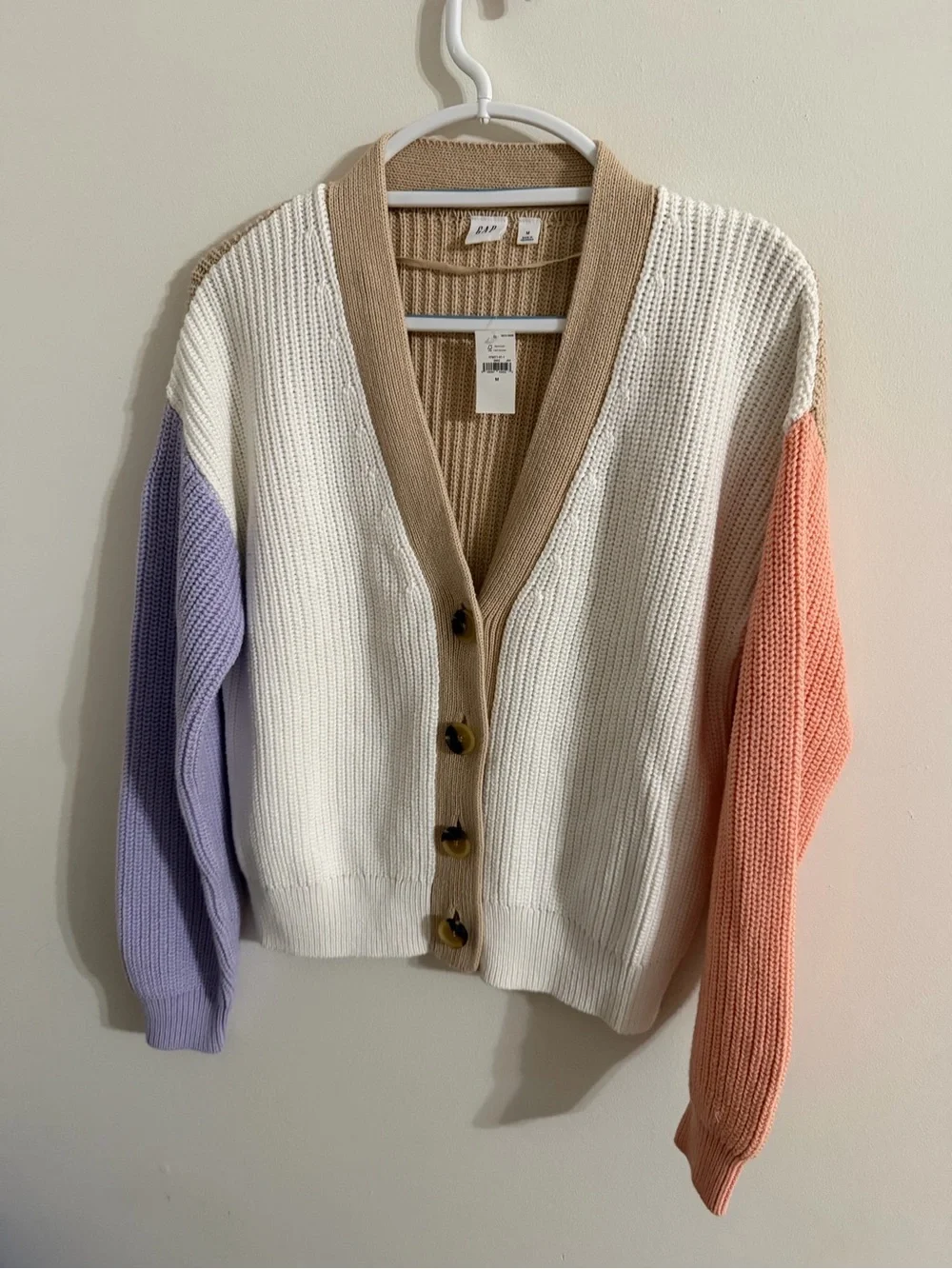 GAP Colorblock Button-Front Cardigan - White with Lilac & Coral Sleeves